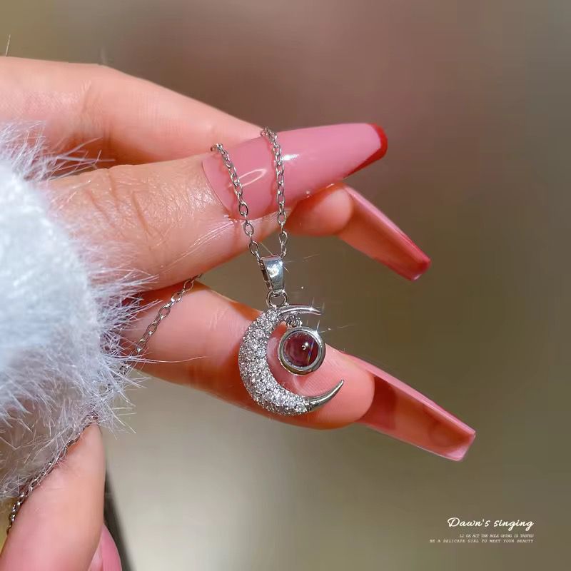 Minimal crescent necklace with zircon stones, hypoallergenic stainless steel for everyday layering