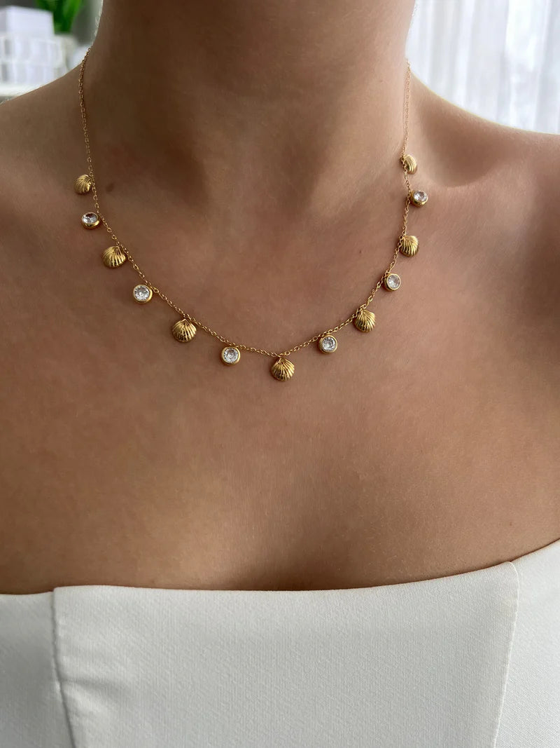 Gold plated seashell necklace with shimmering stones, anti-tarnish design for girls or casual styling