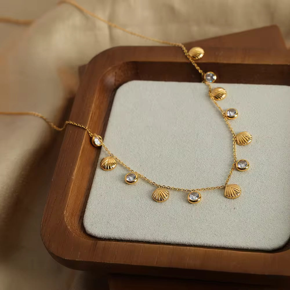 18k gold plated shell and stone necklace with delicate charms, ideal for summer outfits or gifting