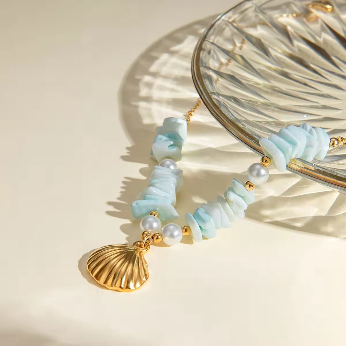 Daily wear beach necklace with aqua stones and gold shell charm, anti tarnish, summer-ready and sweatproof