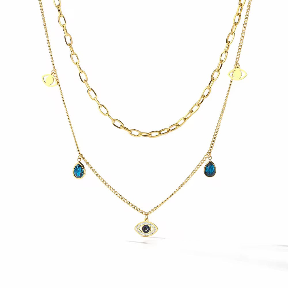 Evil eye necklace in stainless steel with gold plating, protective daily wear piece under 550