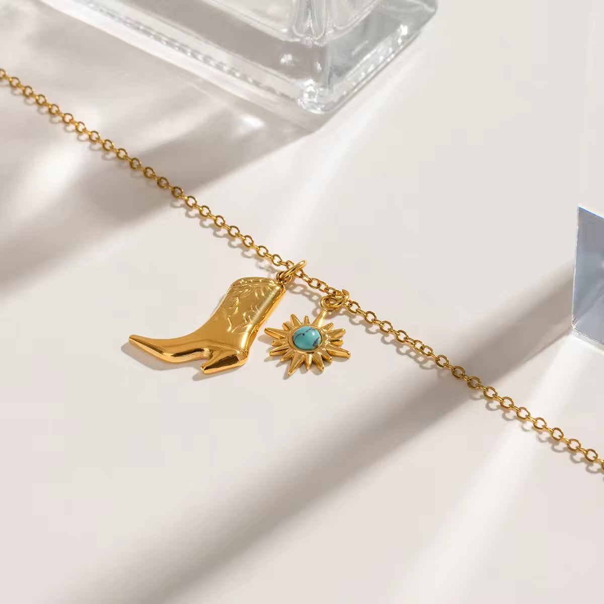 Dainty turquoise boot necklace with polished gold finish, waterproof and sweatproof for summer fashion