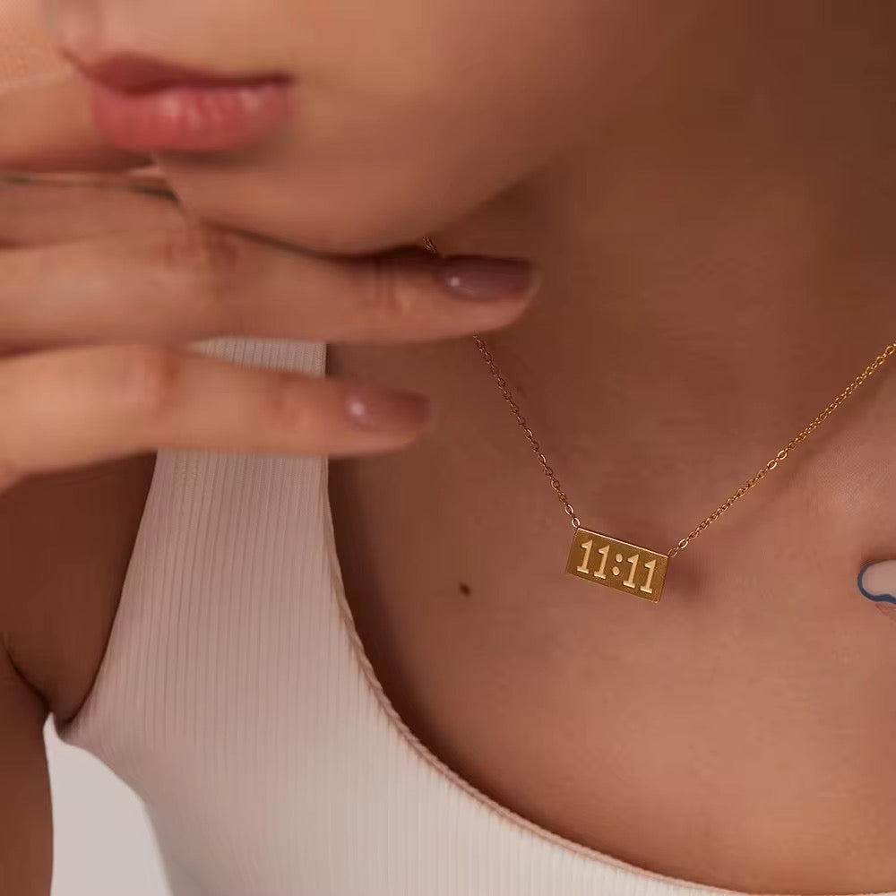 Gold plated 11:11 necklace with engraved plate pendant, perfect for gifting or daily manifestation vibes