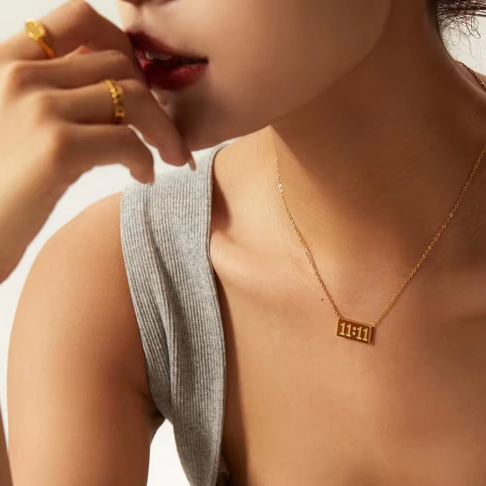 11:11 angel number necklace with gold rectangle charm, gold plated piece for manifesting or gifting