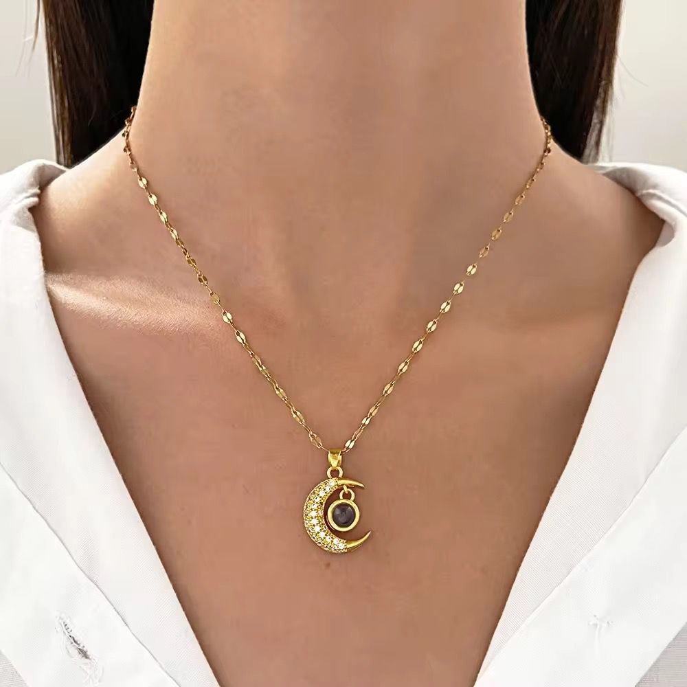Dainty moon charm necklace with cubic zirconia in waterproof stainless steel for girlfriend gifting