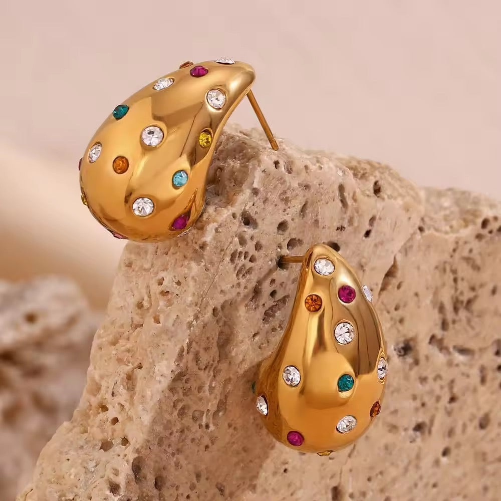 Tear Drop Gold Rainbow Earrings