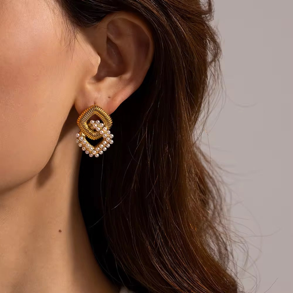 Elegant gold-plated pearl drop earrings with waterproof design for party and everyday wear