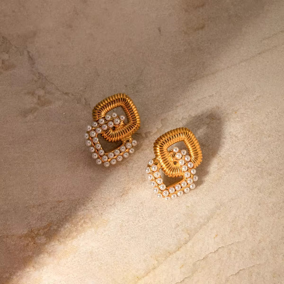 Modern gold-plated pearl hoop earrings in stainless steel for weddings and festive occasions