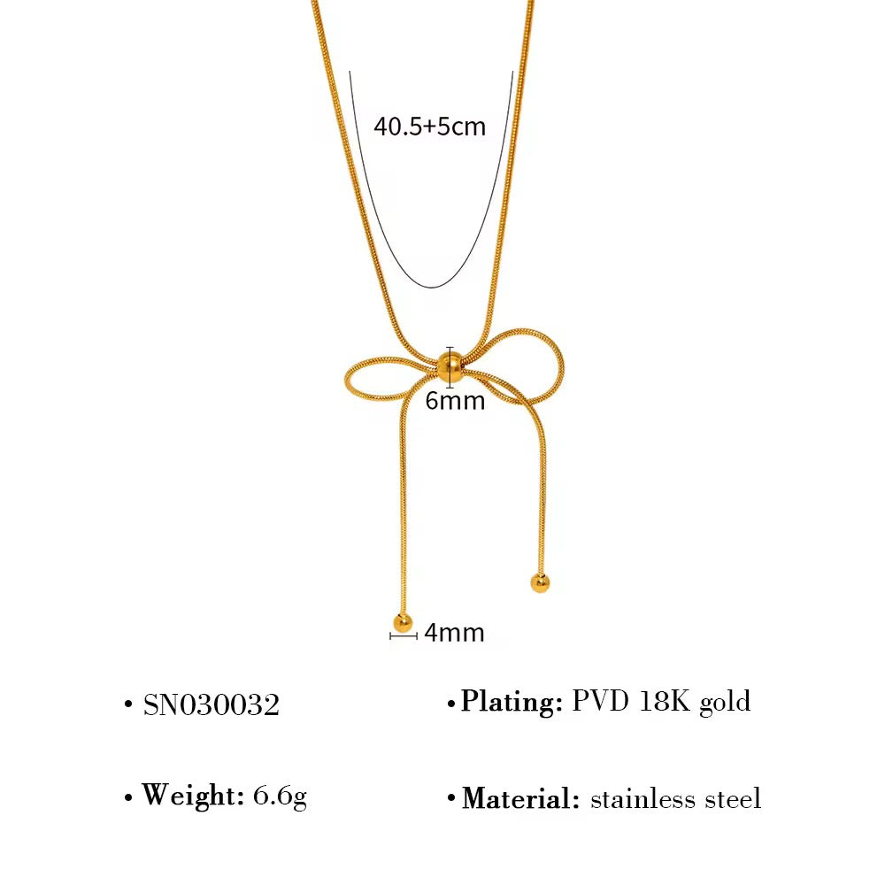 Minimal gold bow necklace in stainless steel, lightweight and classy for formal and daily wear
