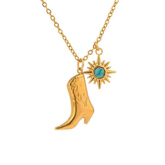 Gold boot charm necklace with turquoise accent in waterproof stainless steel for casual and gifting use