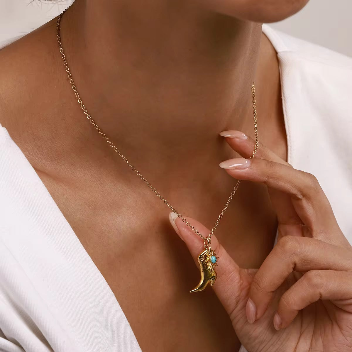 Turquoise boot pendant necklace in 18K gold plated stainless steel, perfect for minimal everyday styling