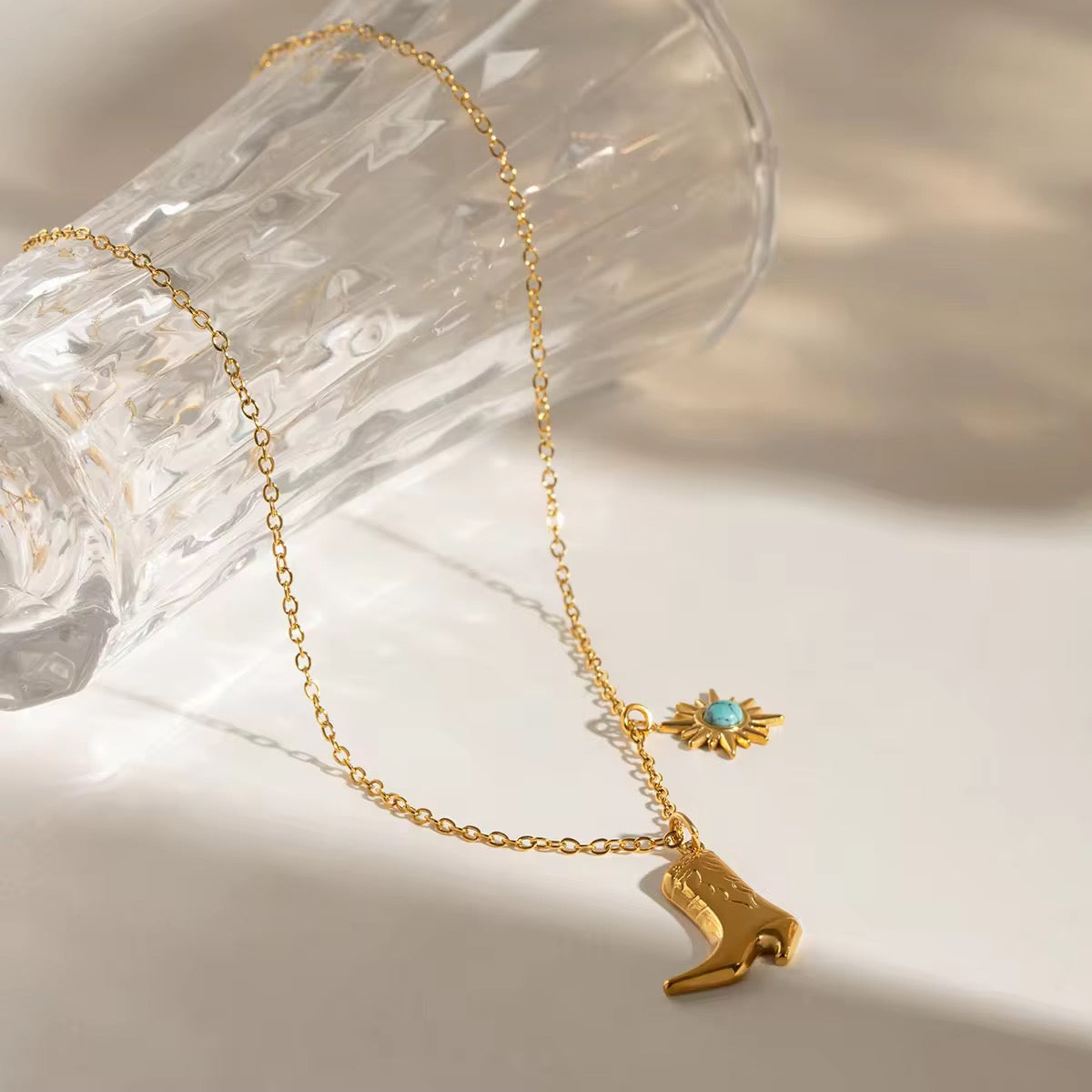 Gold turquoise boot necklace in stainless steel, anti-tarnish and stylish statement piece under 450