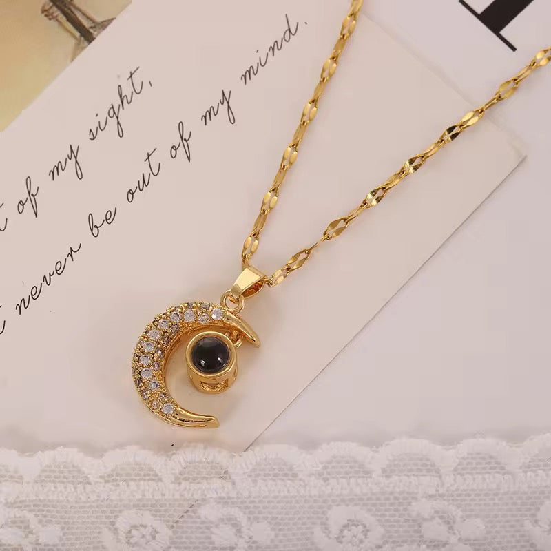 Zirconia moon charm necklace in stainless steel, perfect for couples, gifting, and daily styling