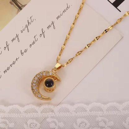 Zirconia moon charm necklace in stainless steel, perfect for couples, gifting, and daily styling