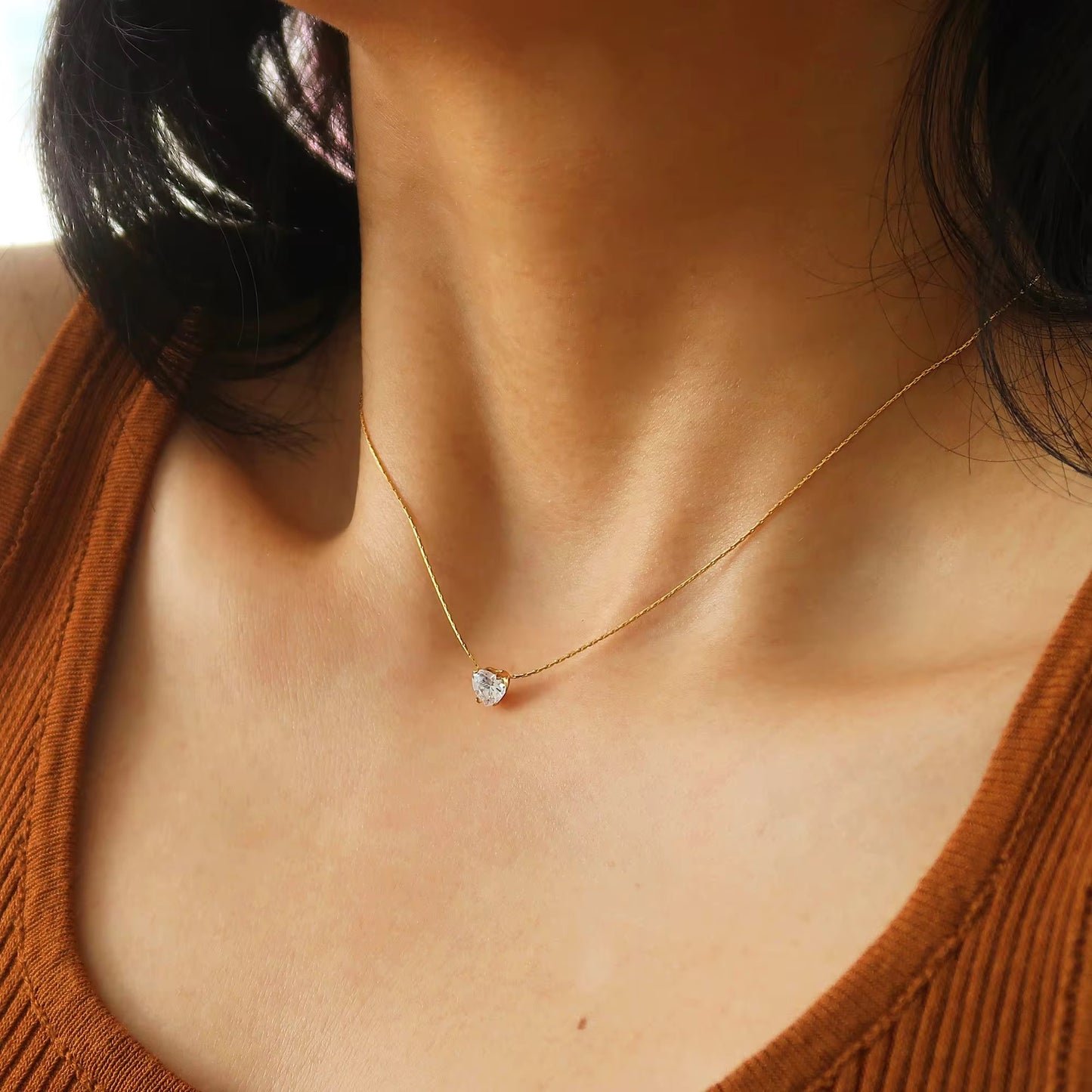 Dainty gold plated necklace with heart solitaire pendant, anti-tarnish and ideal for daily wear

