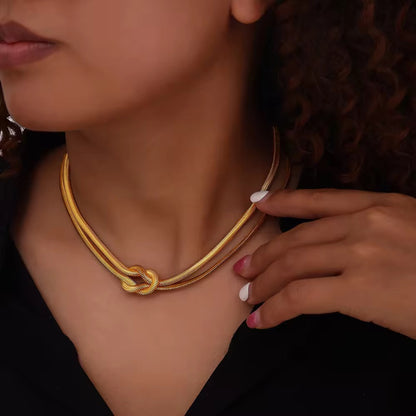 Gold knot choker necklace with double chain design in stainless steel for daily wear, waterproof and anti-tarnish