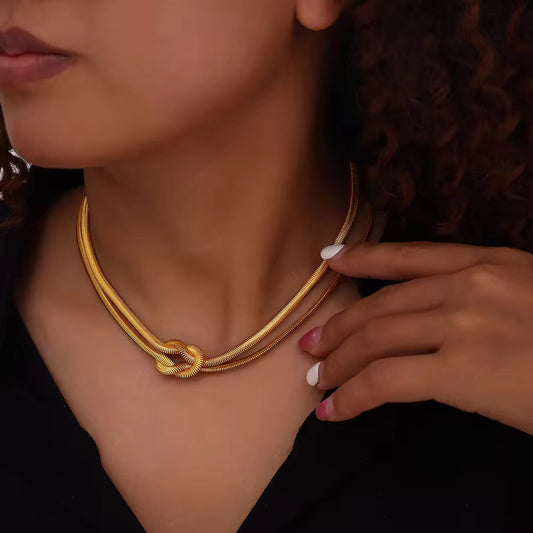 Gold knot choker necklace with double chain design in stainless steel for daily wear, waterproof and anti-tarnish