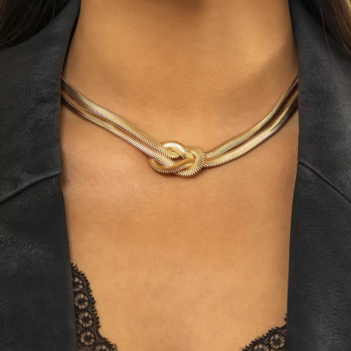 Bold gold choker necklace with dual chain and knot style, sweatproof and perfect for simple elegant outfits