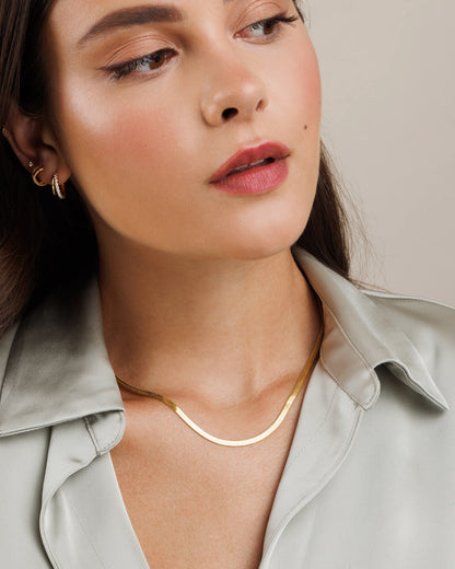 Minimalist snake chain necklace in gold finish, anti-tarnish stainless steel for everyday use