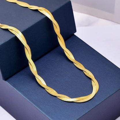 Braided gold chain necklace for women. Minimalist, waterproof steel jewelry.