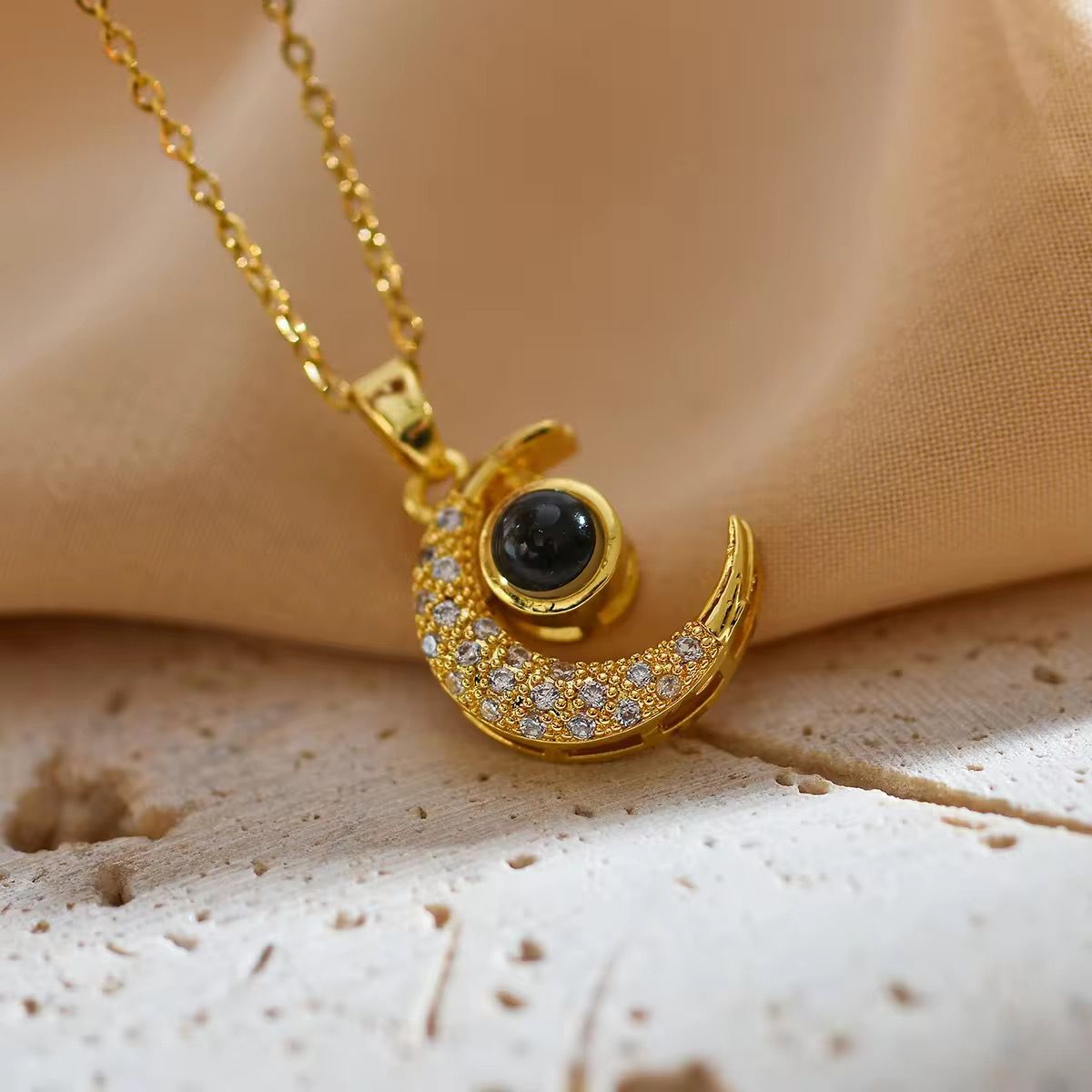 Moon pendant necklace with zircon sparkle in anti-tarnish stainless steel for daily wear and gifting