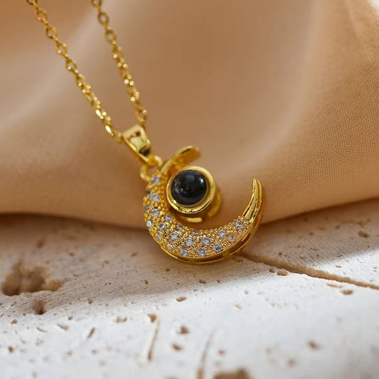 Moon pendant necklace with zircon sparkle in anti-tarnish stainless steel for daily wear and gifting