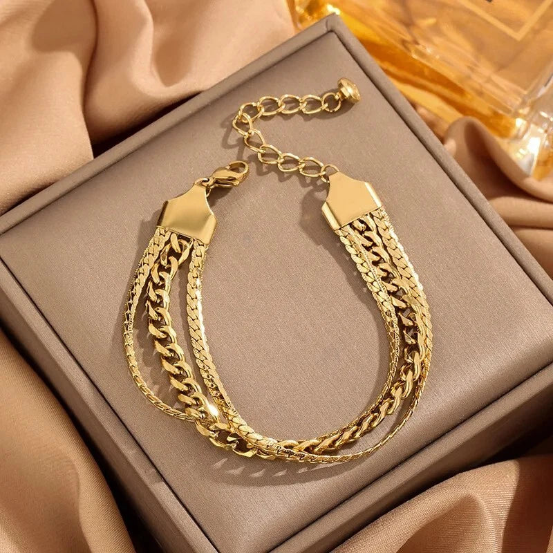 Double row gold crystal link bracelet – chic, anti-tarnish, and adjustable arm jewelry