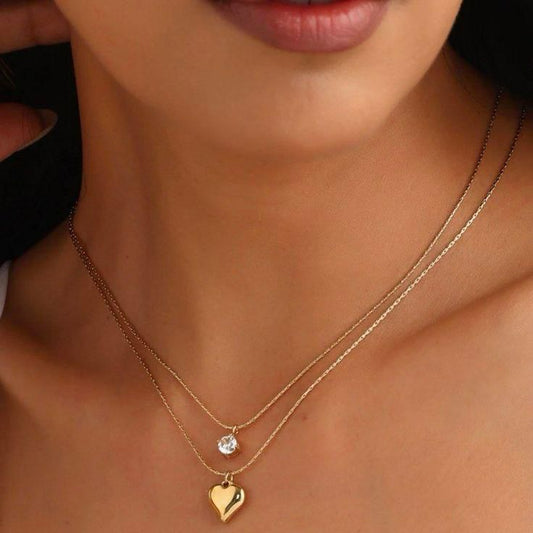 Layered heart pendant necklace with diamond accents in 18K gold plated stainless steel for romantic daily wear